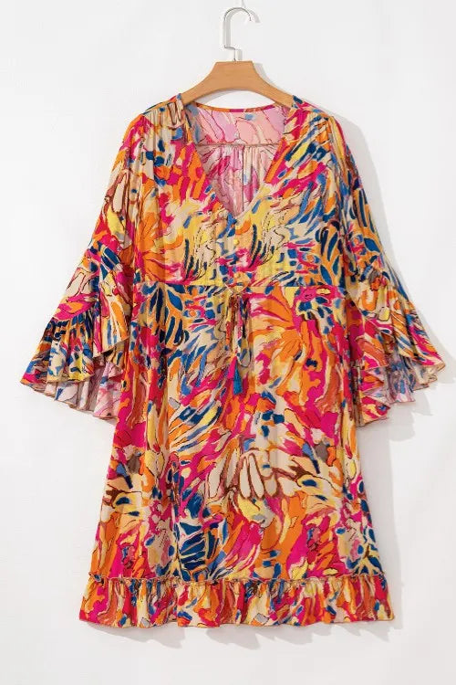Printed Flare Sleeve Ruffled Hem Dress Trendsi