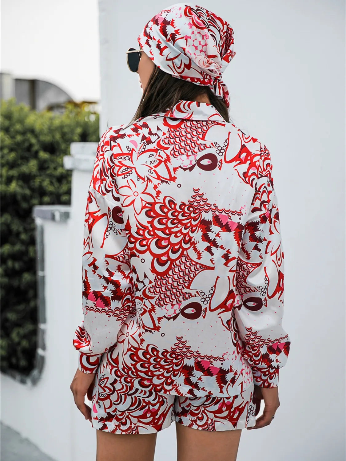 Printed Button Up Long Sleeve Shirt and Shorts 3 Pc Set Trendsi