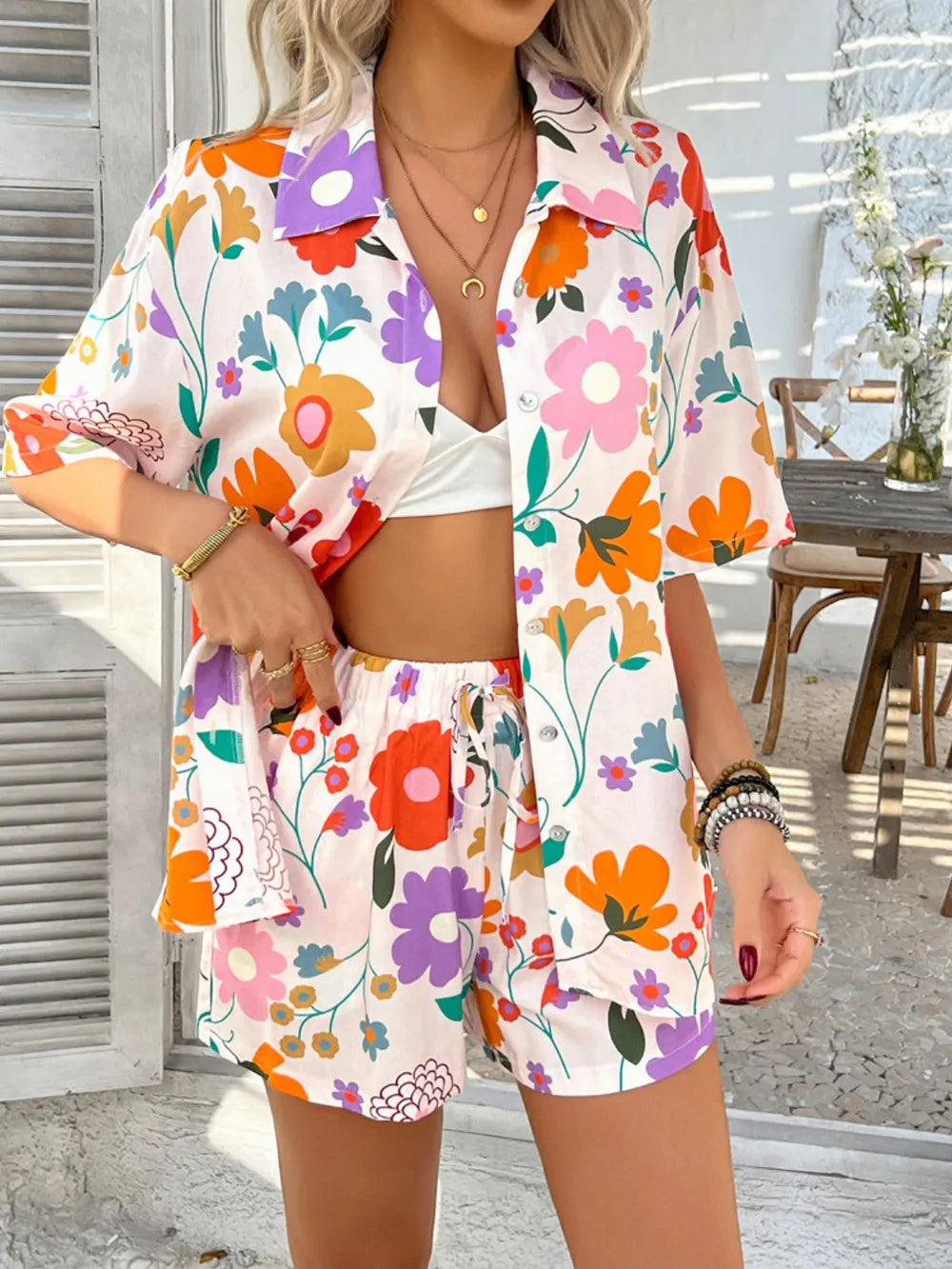 Devine Tropical Print Button-Down Shirt and Shorts Set Trendsi