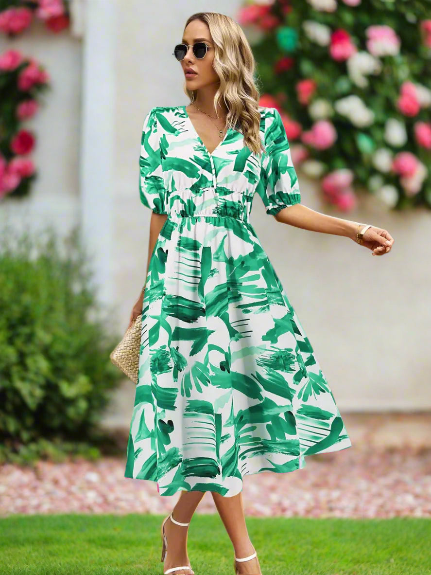 Ruched Roses Surplice Short Sleeve Dress Trendsi