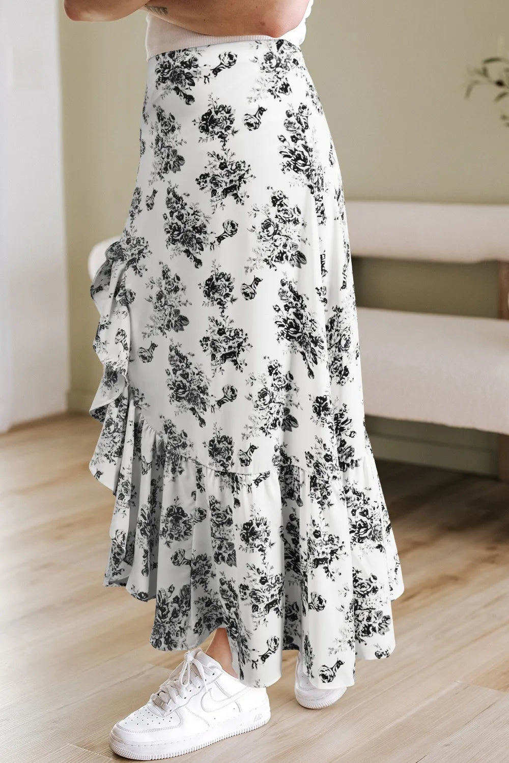 Boho Floral High Waist Ruffle Split Maxi Skirt DAME BOHEME