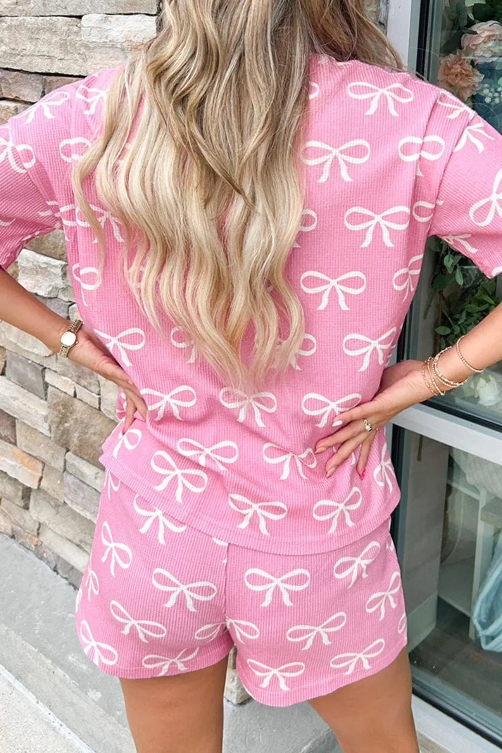 Bowknot Printed Notched T-Shirt and Shorts Set DAME BOHEME