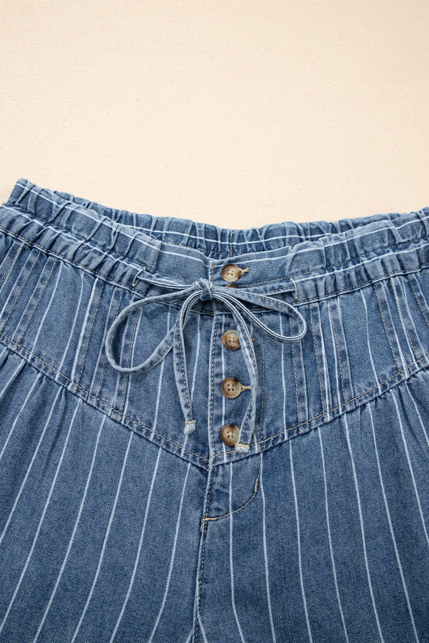 Sky Blue Stripe Button Pleated Drawstring Waist Casual Wide Leg Jeans DAME BOHEME