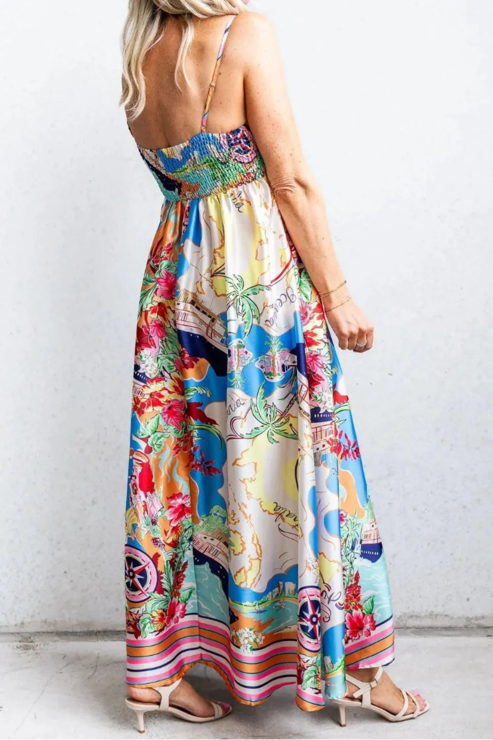 Smocked Back Printed Square Neck Maxi Cami Dress DAME BOHEME