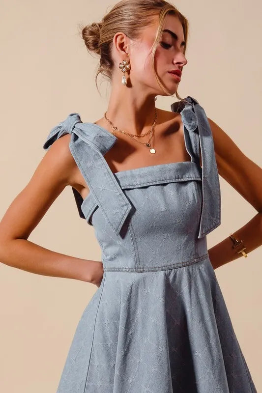 SO ME A Line Fit and Flare Diamond Bow Denim Dress Trendsi