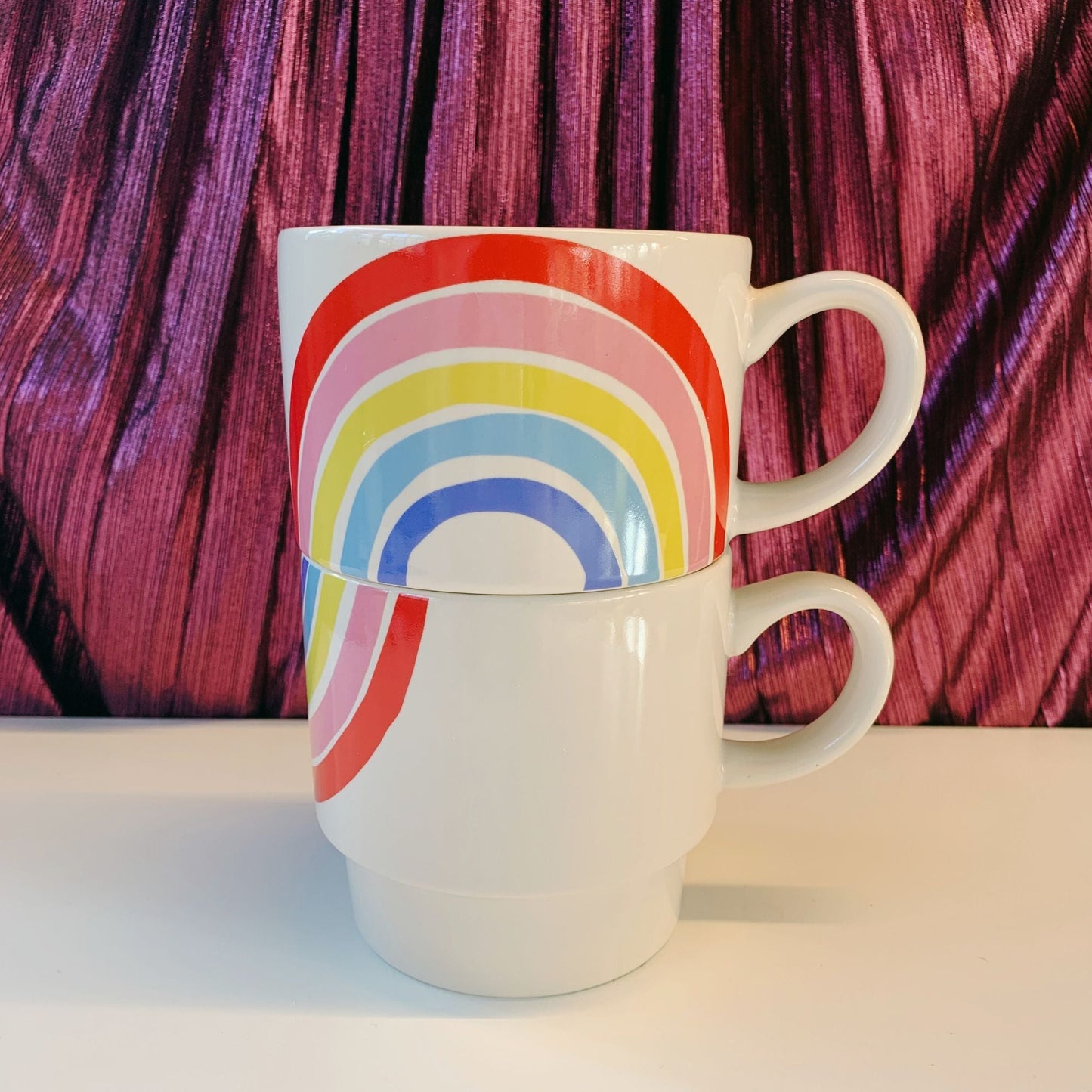 70s Rainbow Stacking Mug Set of 2 | Vintage Style GIftable 14 oz Mugs in Painted Ceramic DAME BOHEME