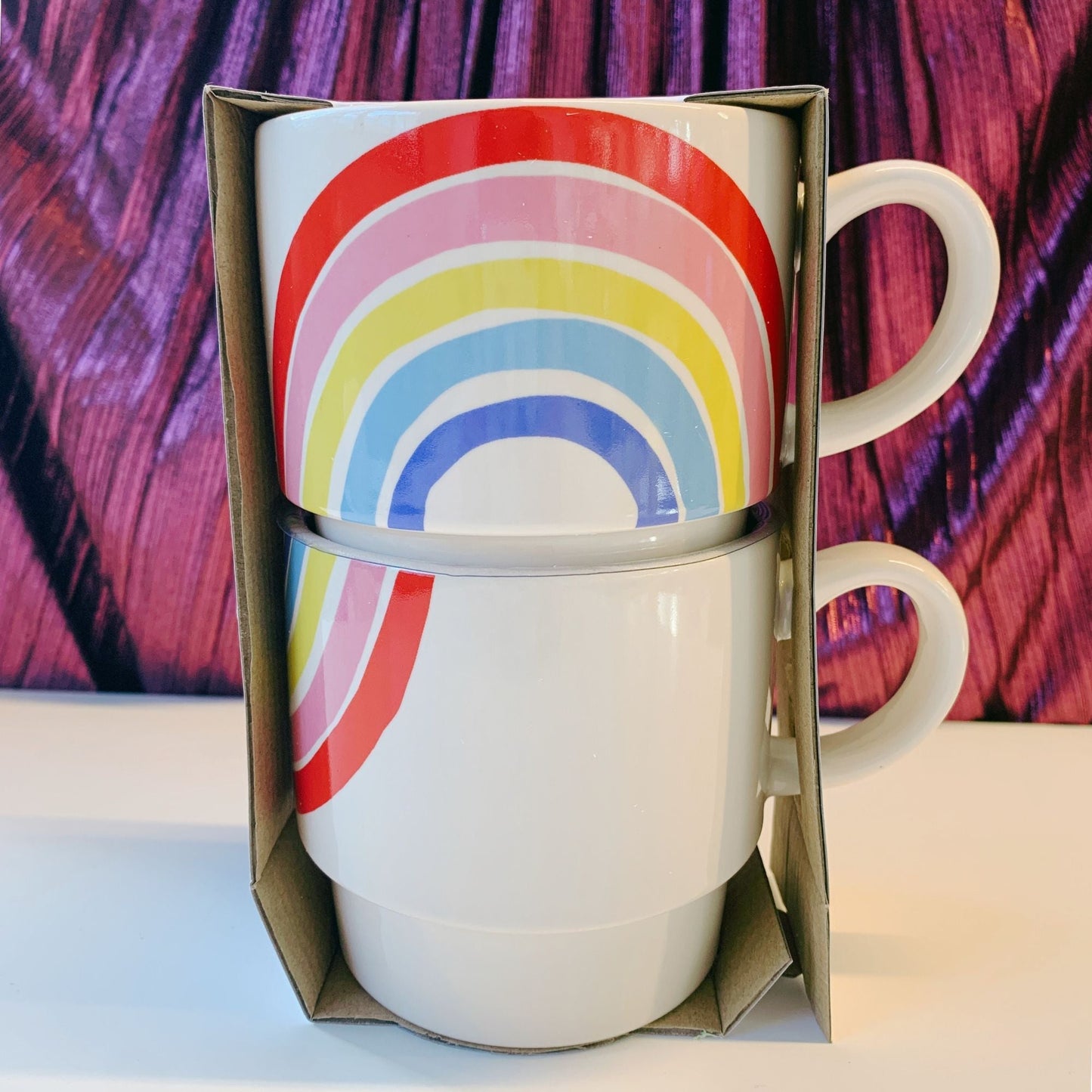70s Rainbow Stacking Mug Set of 2 | Vintage Style GIftable 14 oz Mugs in Painted Ceramic DAME BOHEME