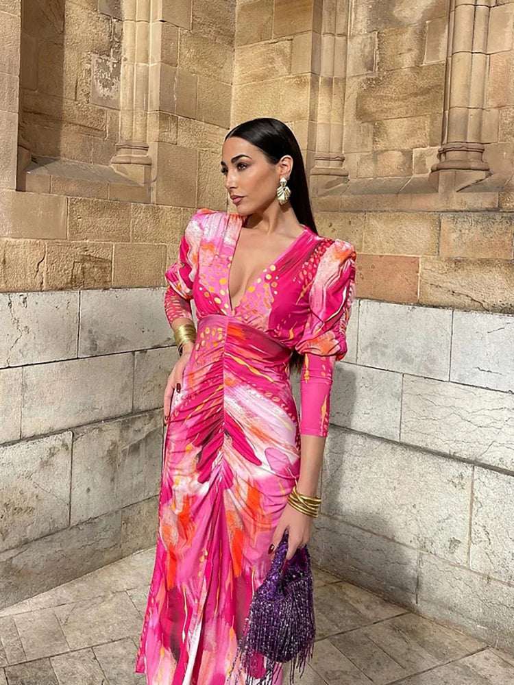 Ruched Front V-Neck Elegant Maxi Dress Plus Size Trendsi