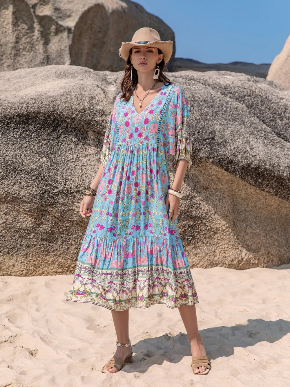 Boho Chic Printed Puff Sleeve Ruched Midi Dress Trendsi