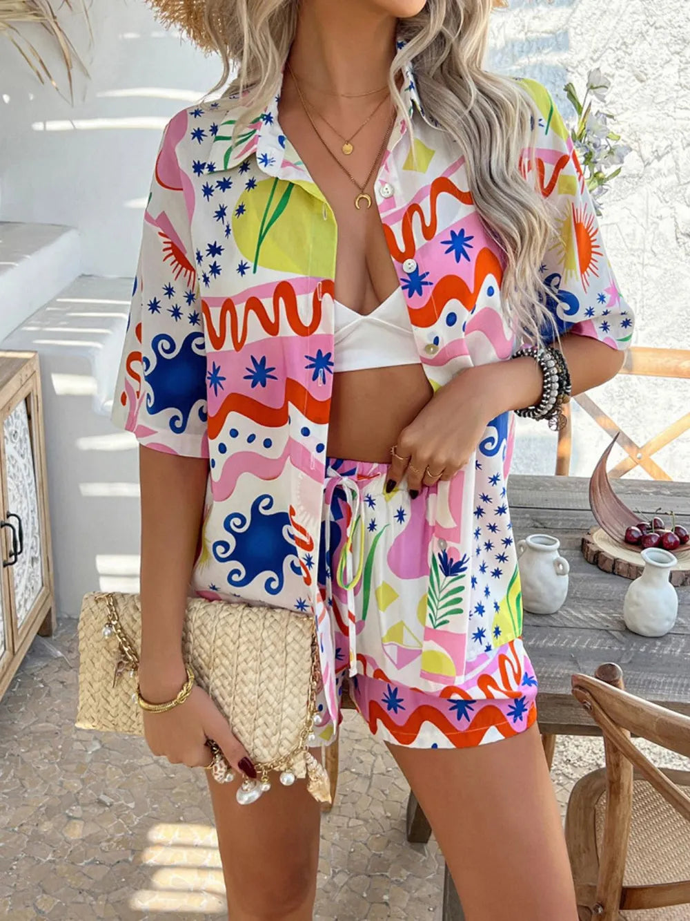 Devine Tropical Print Button-Down Shirt and Shorts Set Trendsi