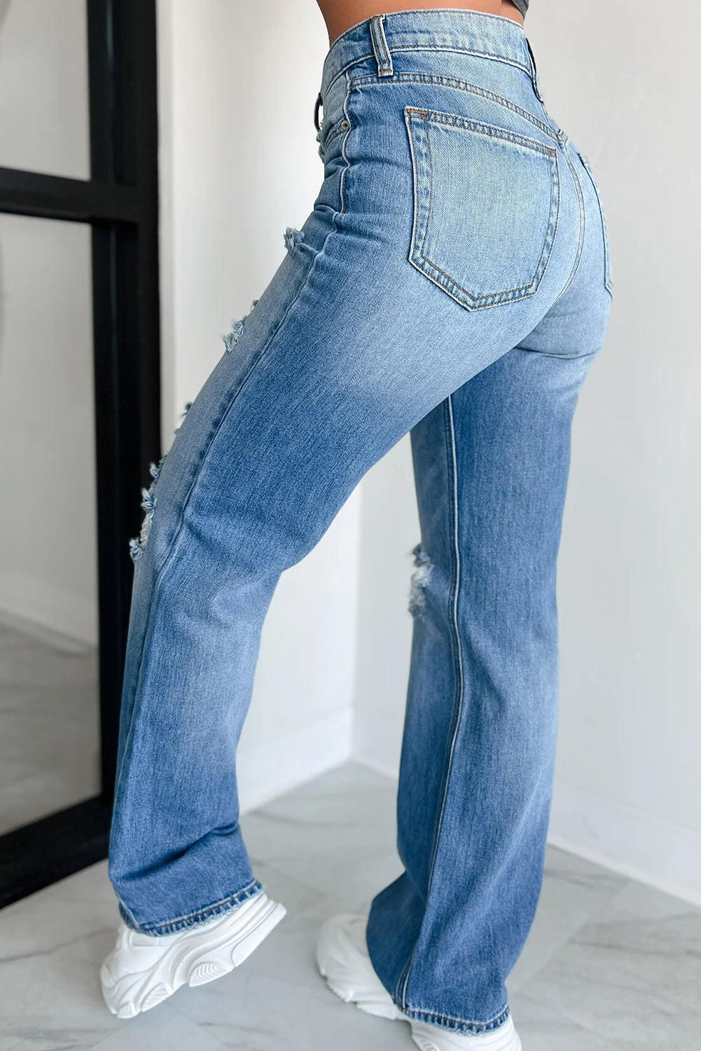 Myosotis Mid Rise Distressed Straight Leg Jeans DAME BOHEME