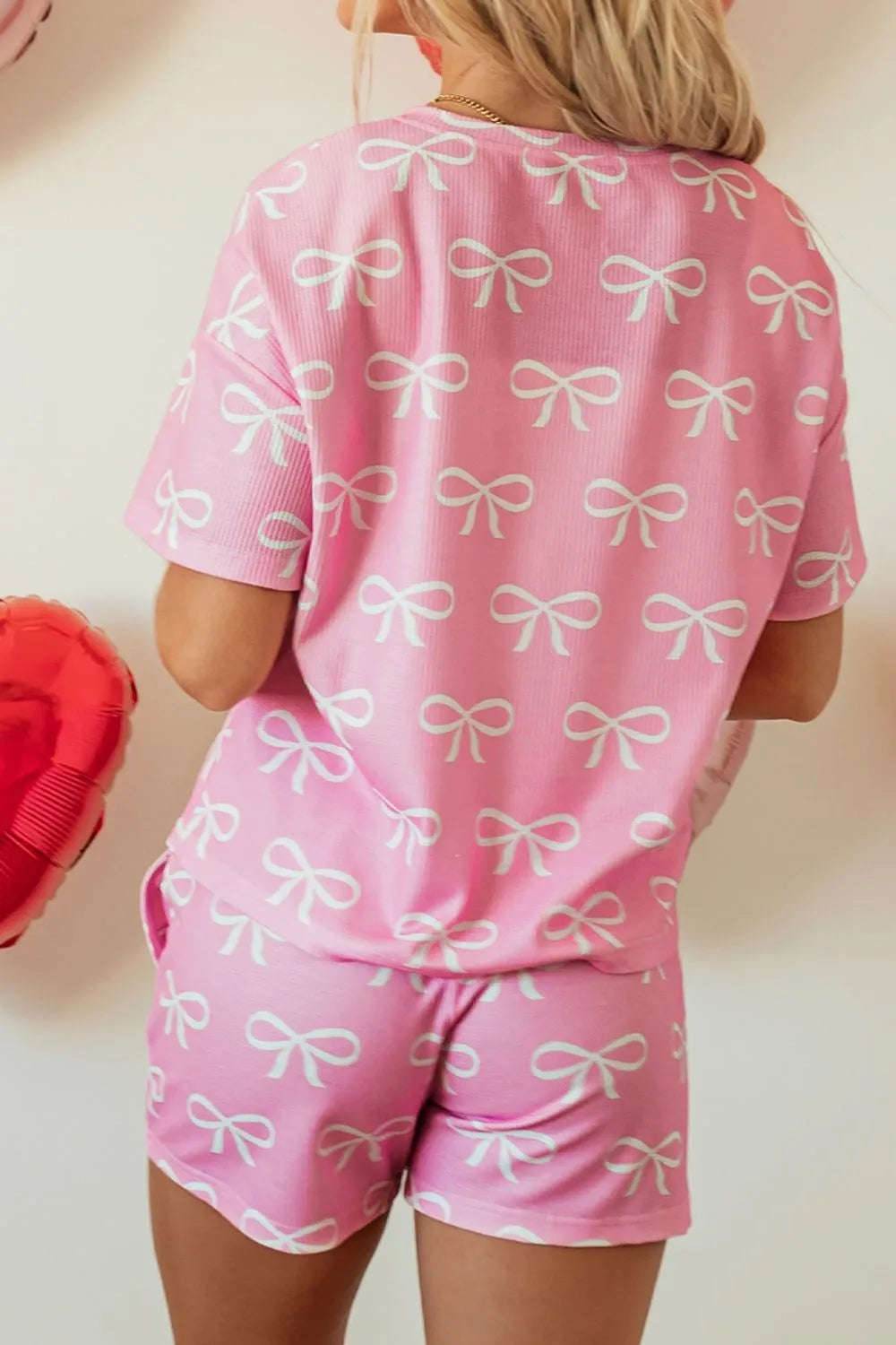 Bowknot Printed Notched T-Shirt and Shorts Set DAME BOHEME
