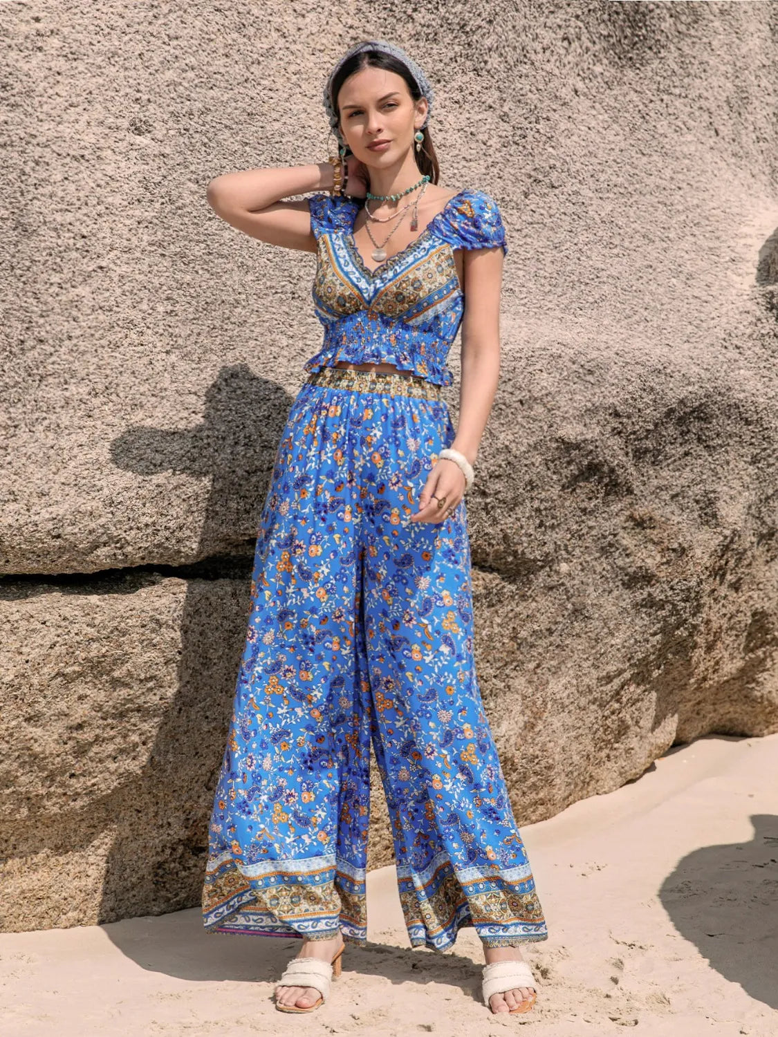 Boho Chic Printed V-Neck Top and Pants Set Trendsi