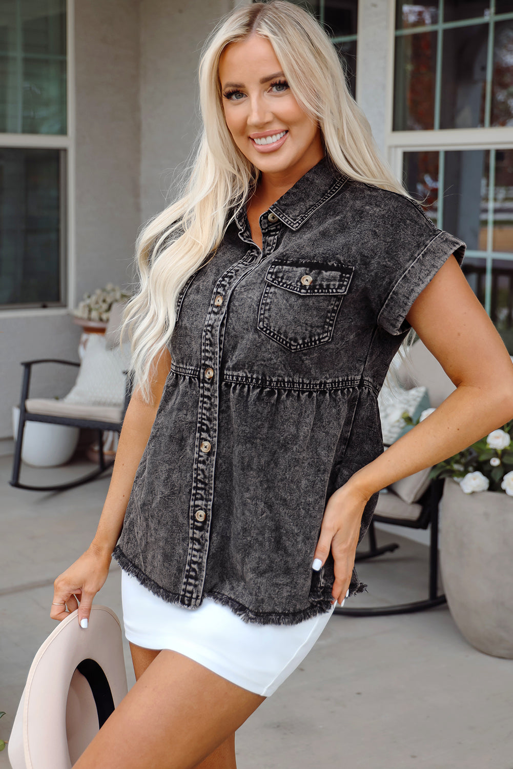 Chaya Flap Pocket Button Up Raw Hem Denim Shirt DAME BOHEME