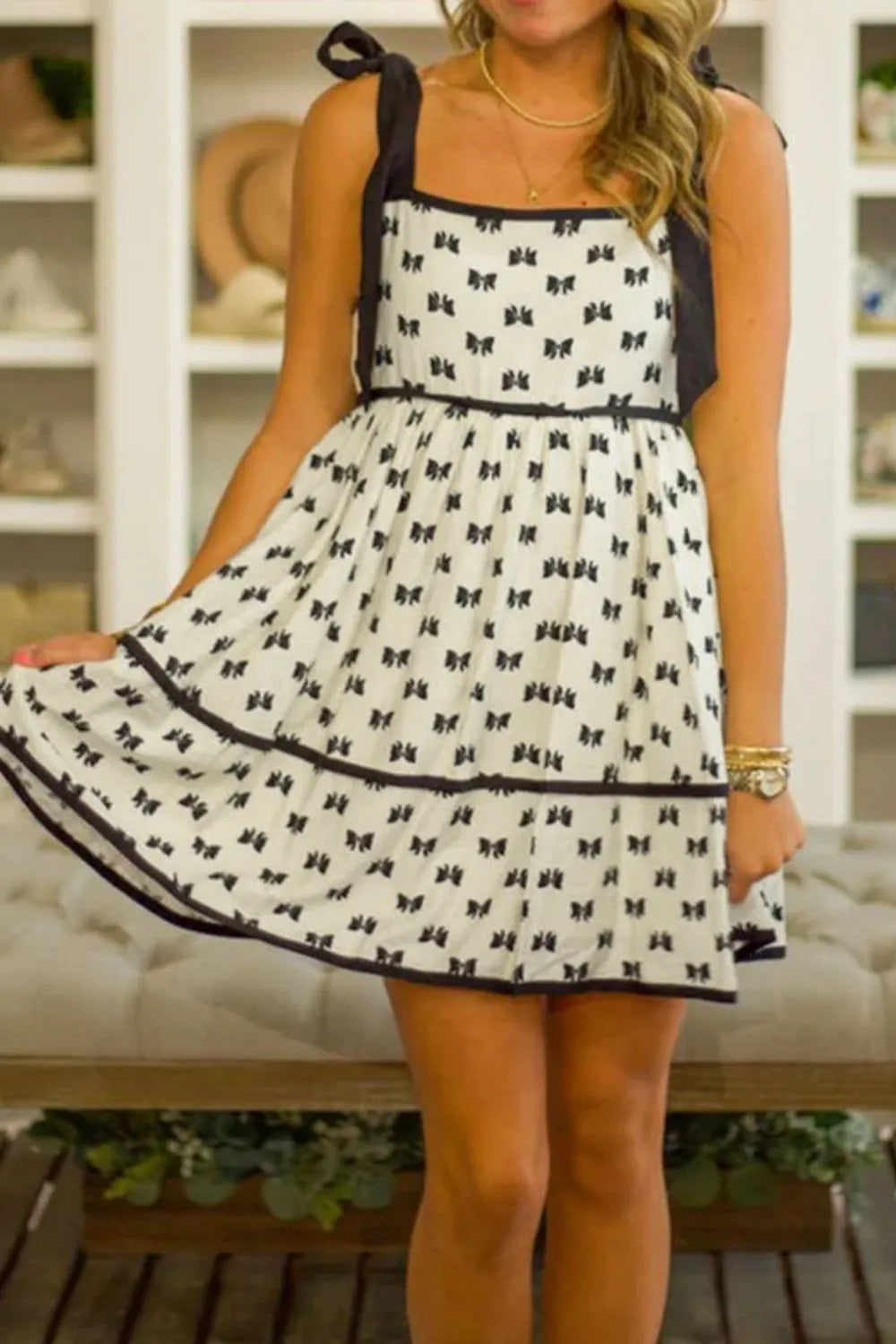 Bow Knot Color Contrast Trim Tied Straps Mini Dress Simply Love