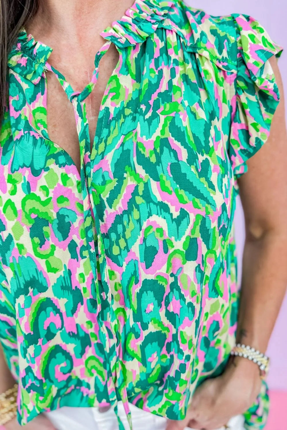 Abstract Print Ruffled Trim Tie Neck Top Simply Love