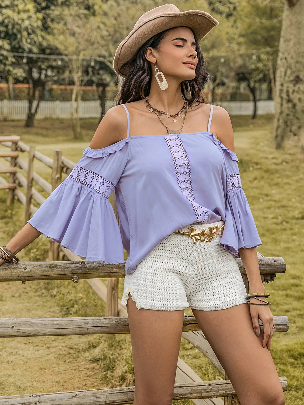 Square Neck Flare Sleeve Blouse with Lace Detail & Ruffles Trendsi