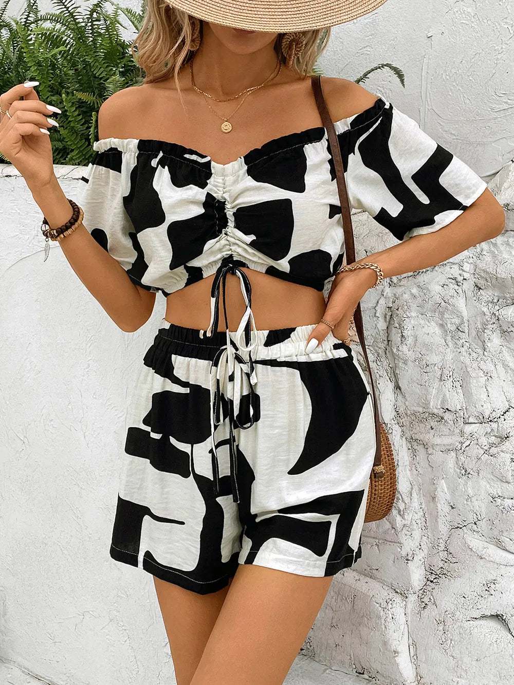 Perfee Drawstring Off-Shoulder Crop Top and Shorts Set Trendsi