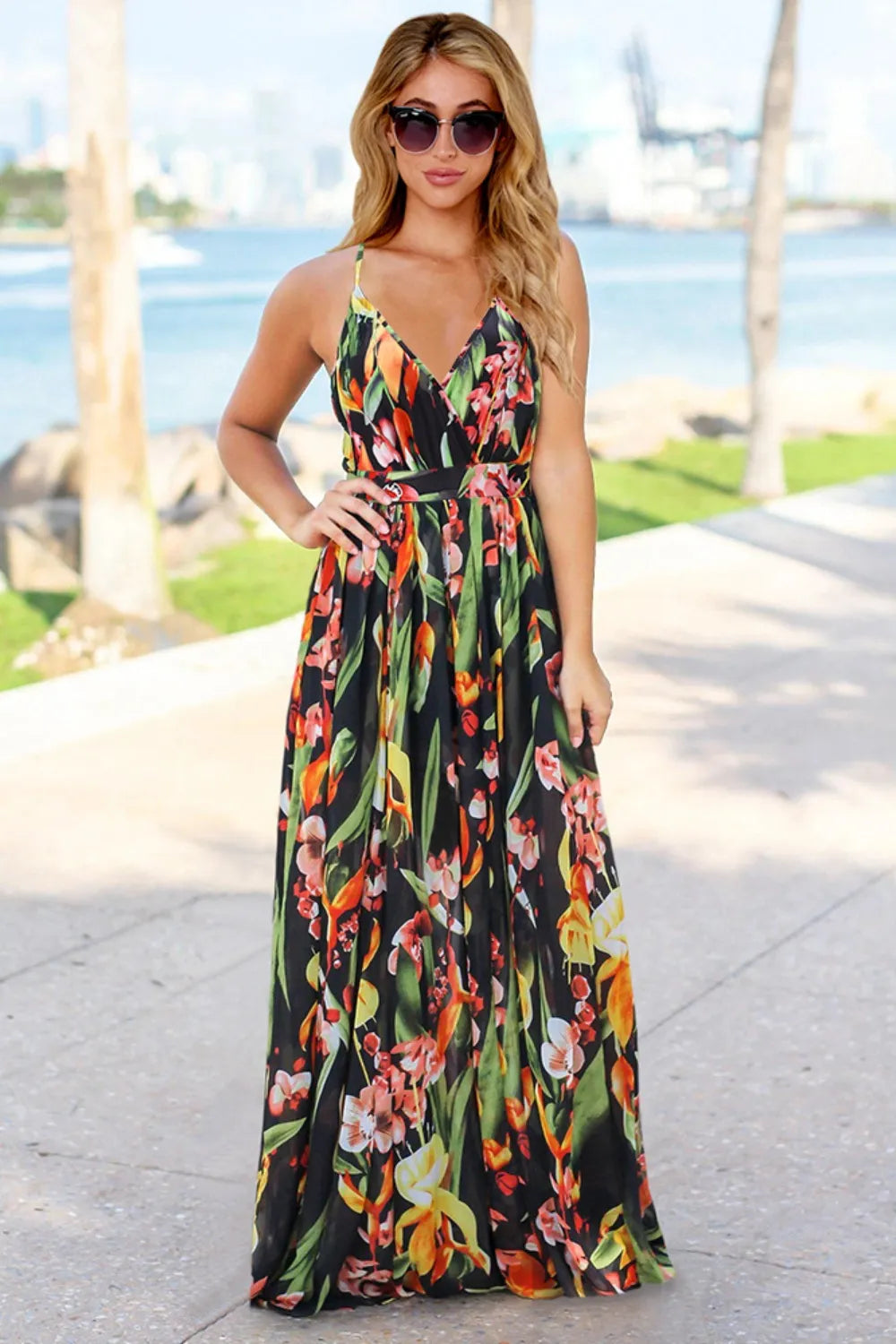 Crisscross Printed Surplice Cami Maxi Dress Trendsi