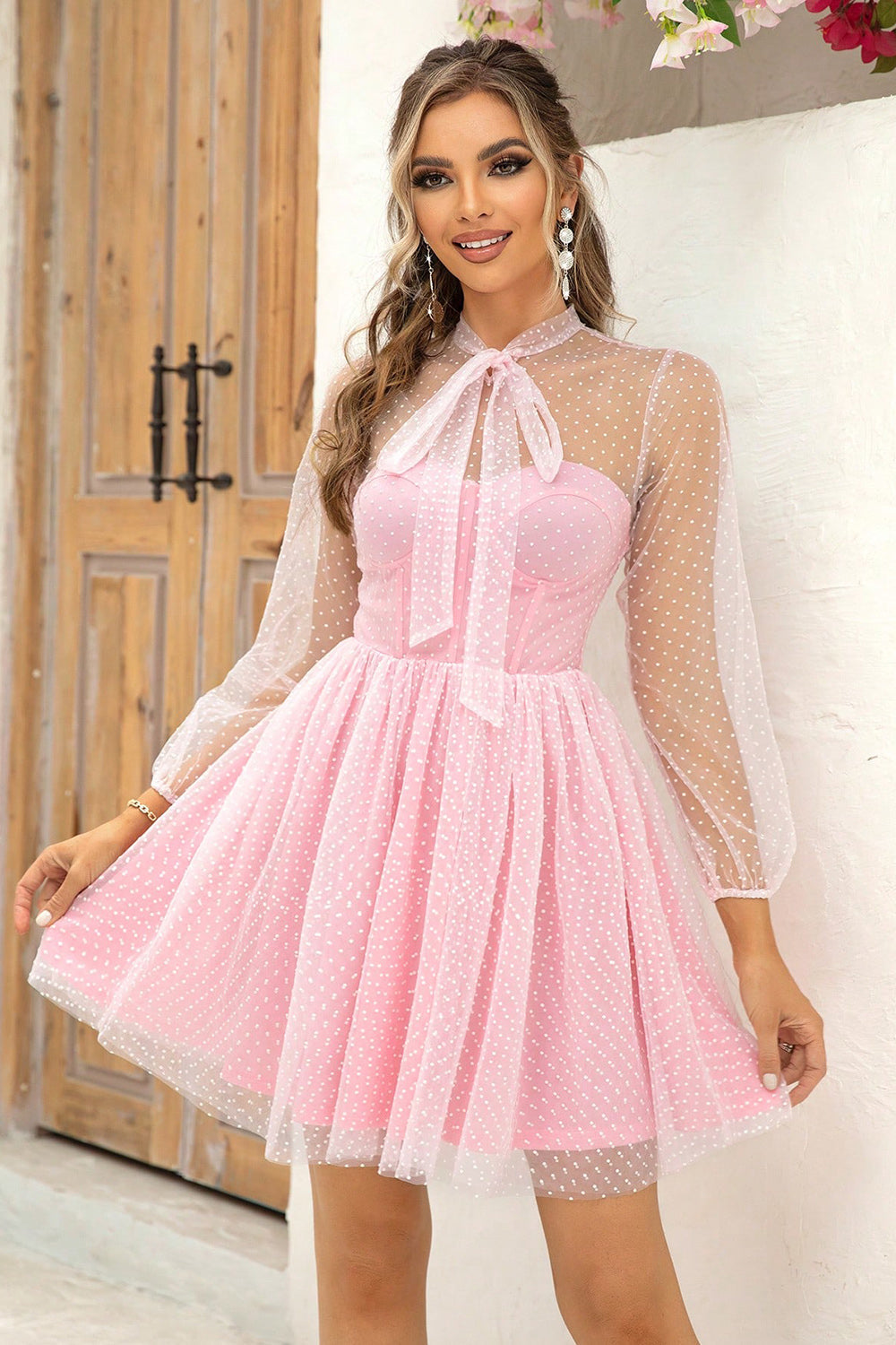 Bow Tie Corset Swiss Dot Mesh Mini Dress Trendsi