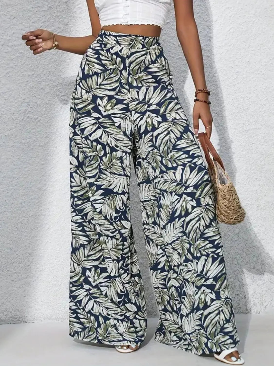 Tropical Print High Waist Wide Leg Pants Trendsi