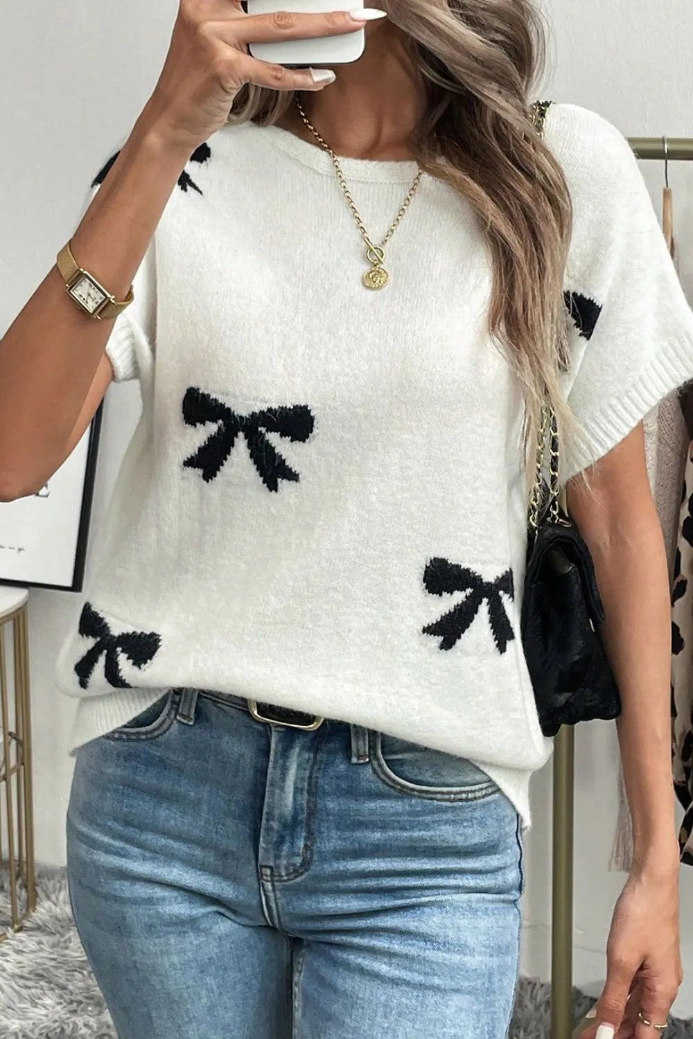 Bow Pattern Knit Short Sleeve Sweater DAME BOHEME