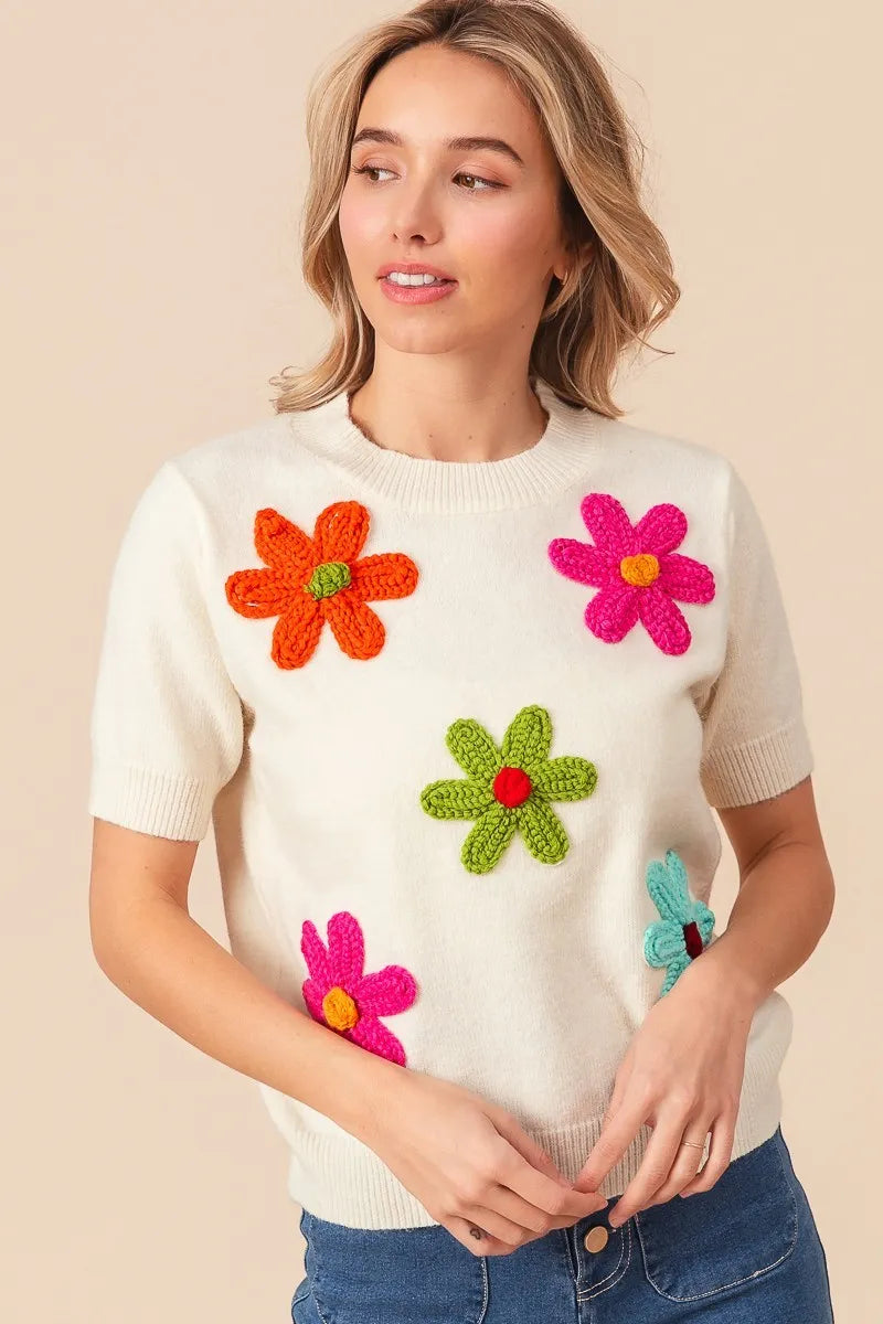 BiBi Crochet Flower Patch Sweater Top Trendsi