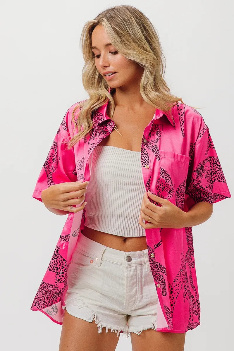 BiBi Leopard Print Short Sleeve Silky Satin Shirt Trendsi