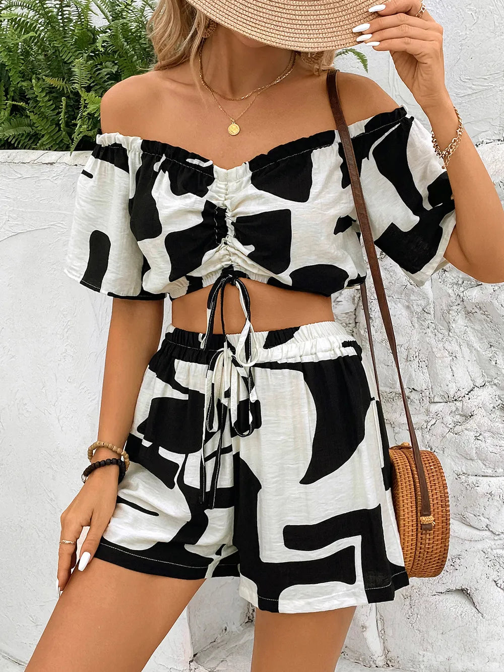 Perfee Drawstring Off-Shoulder Crop Top and Shorts Set Trendsi