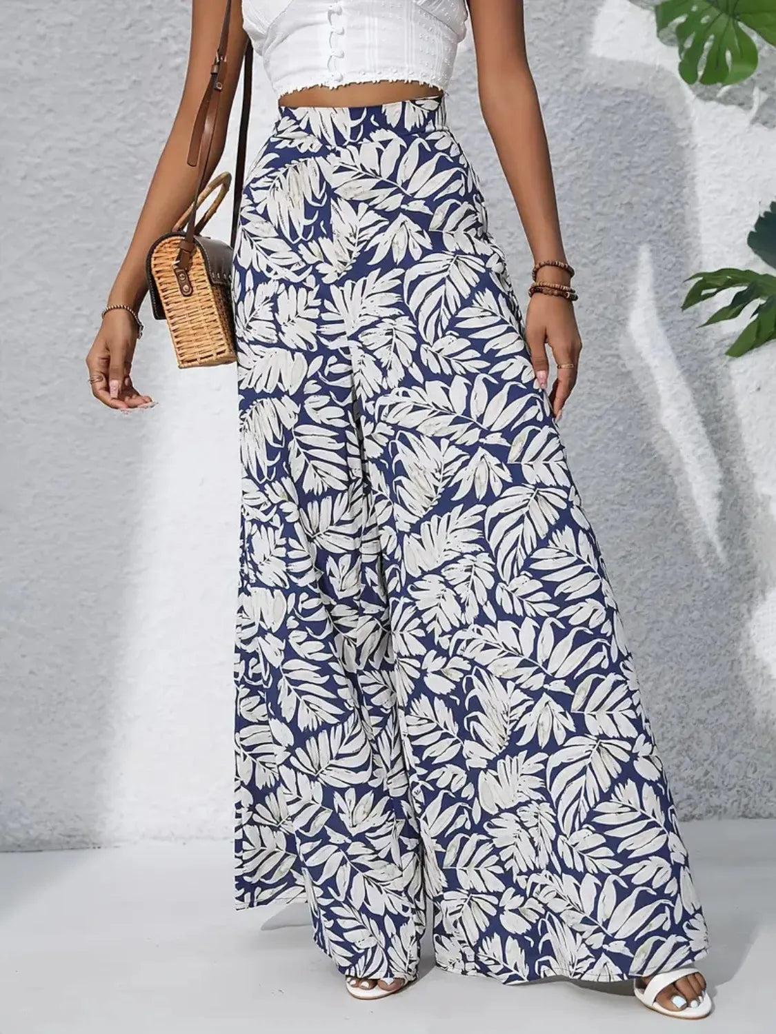 Tropical Print High Waist Wide Leg Pants Trendsi