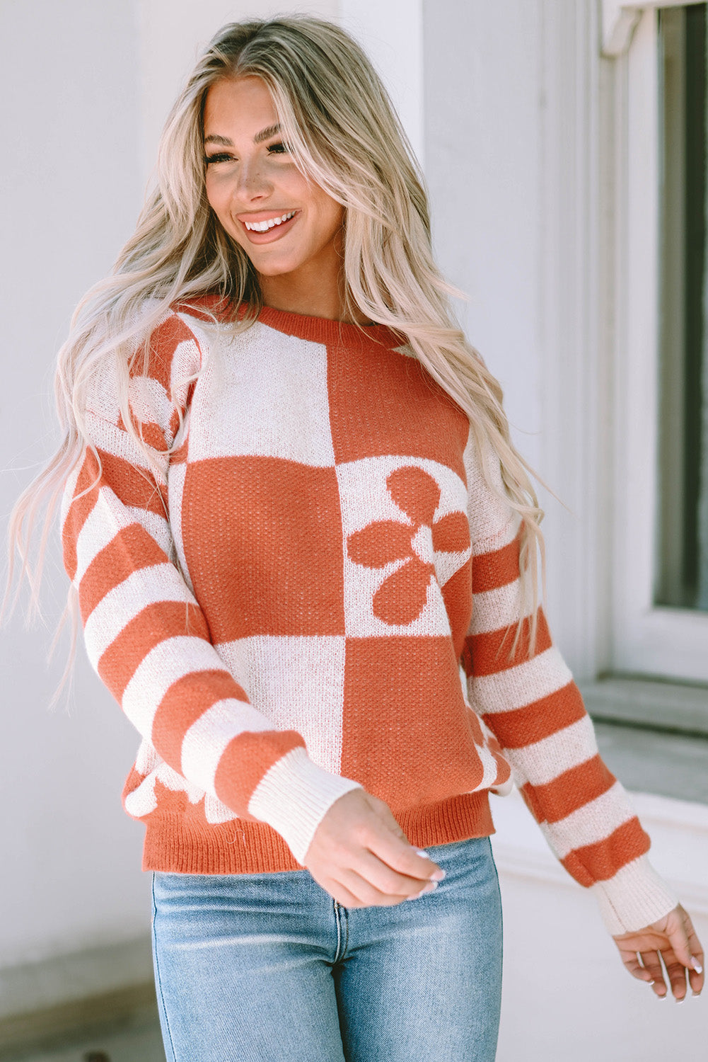 Miller Checkered Floral Striped Sleeve Sweater DAME BOHEME