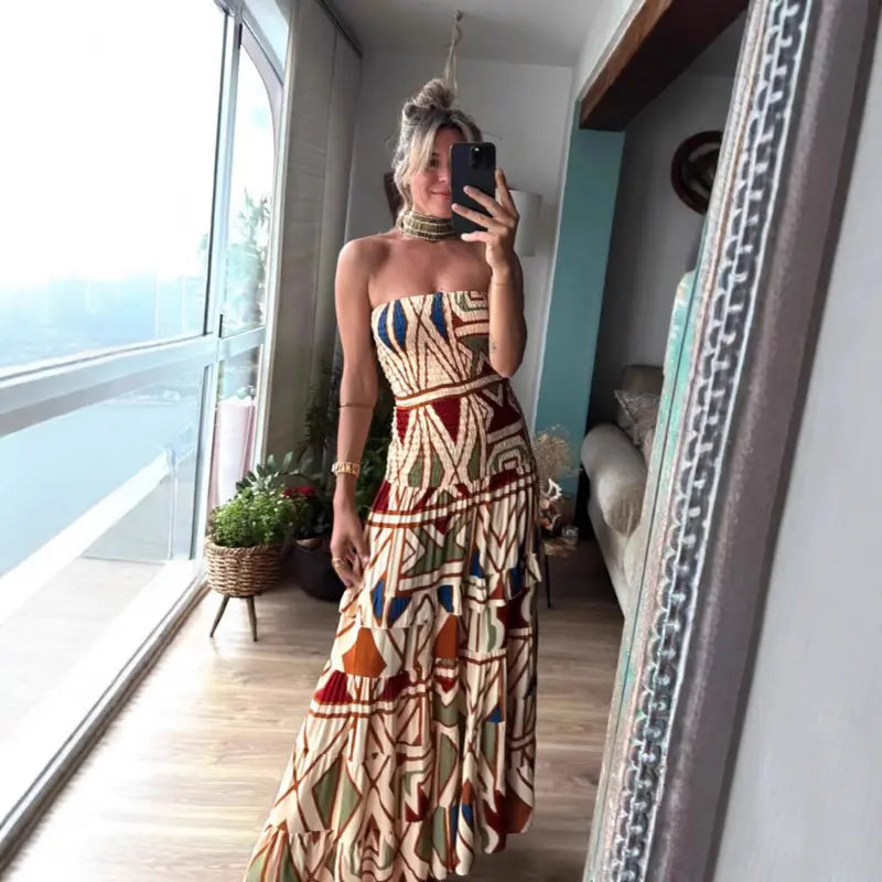 Smocked Geometric Print Tube Flared Maxi Dress Trendsi
