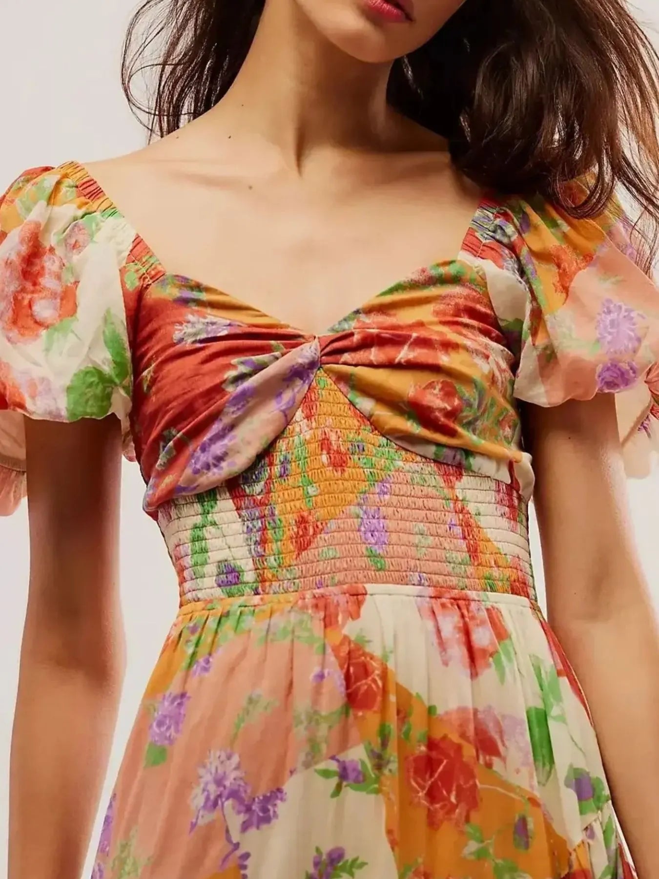 Printed Sweetheart Neck Puff Sleeve Maxi Dress Trendsi