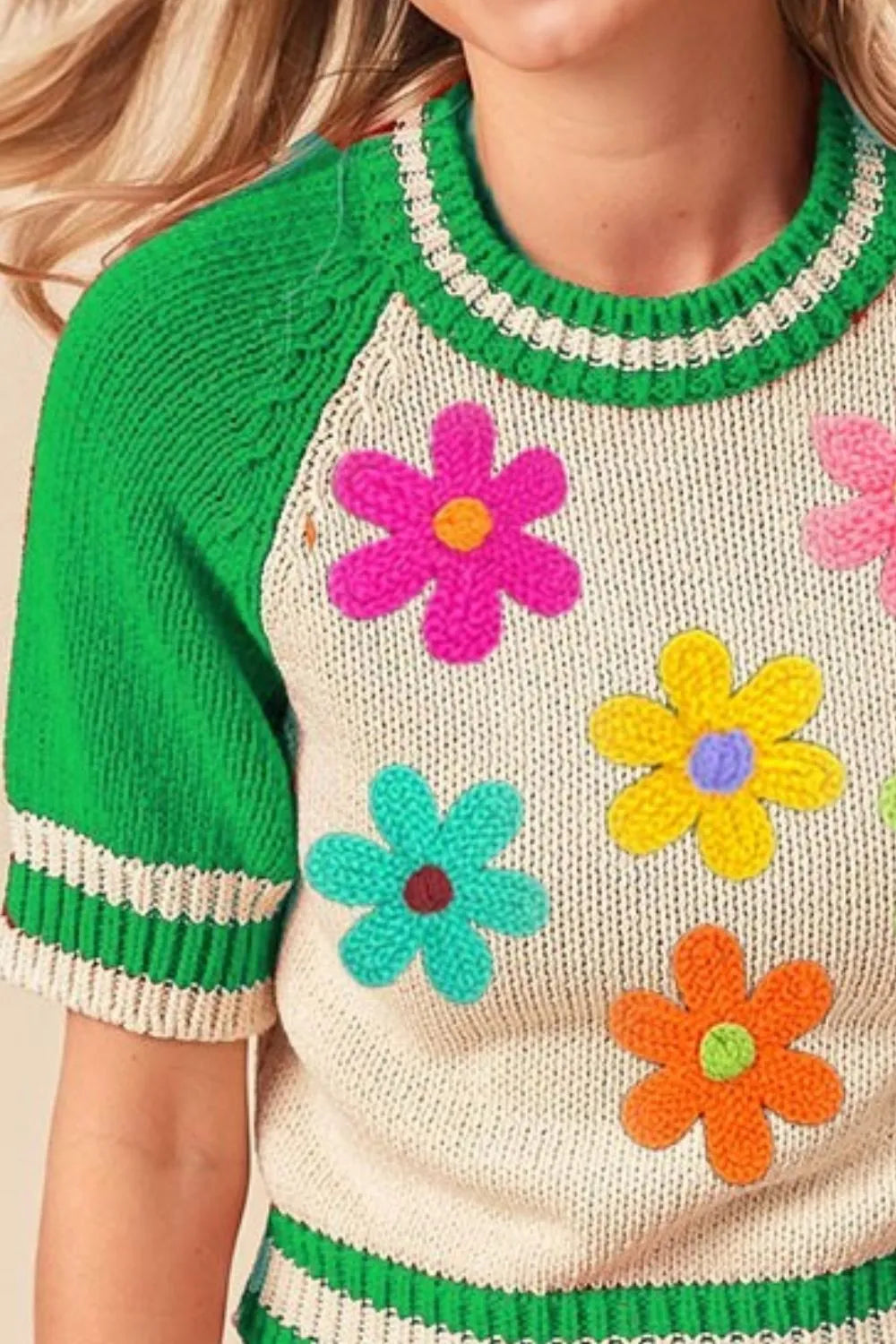 BiBi Crochet Flower Patches Striped Rib Band Sweater Trendsi