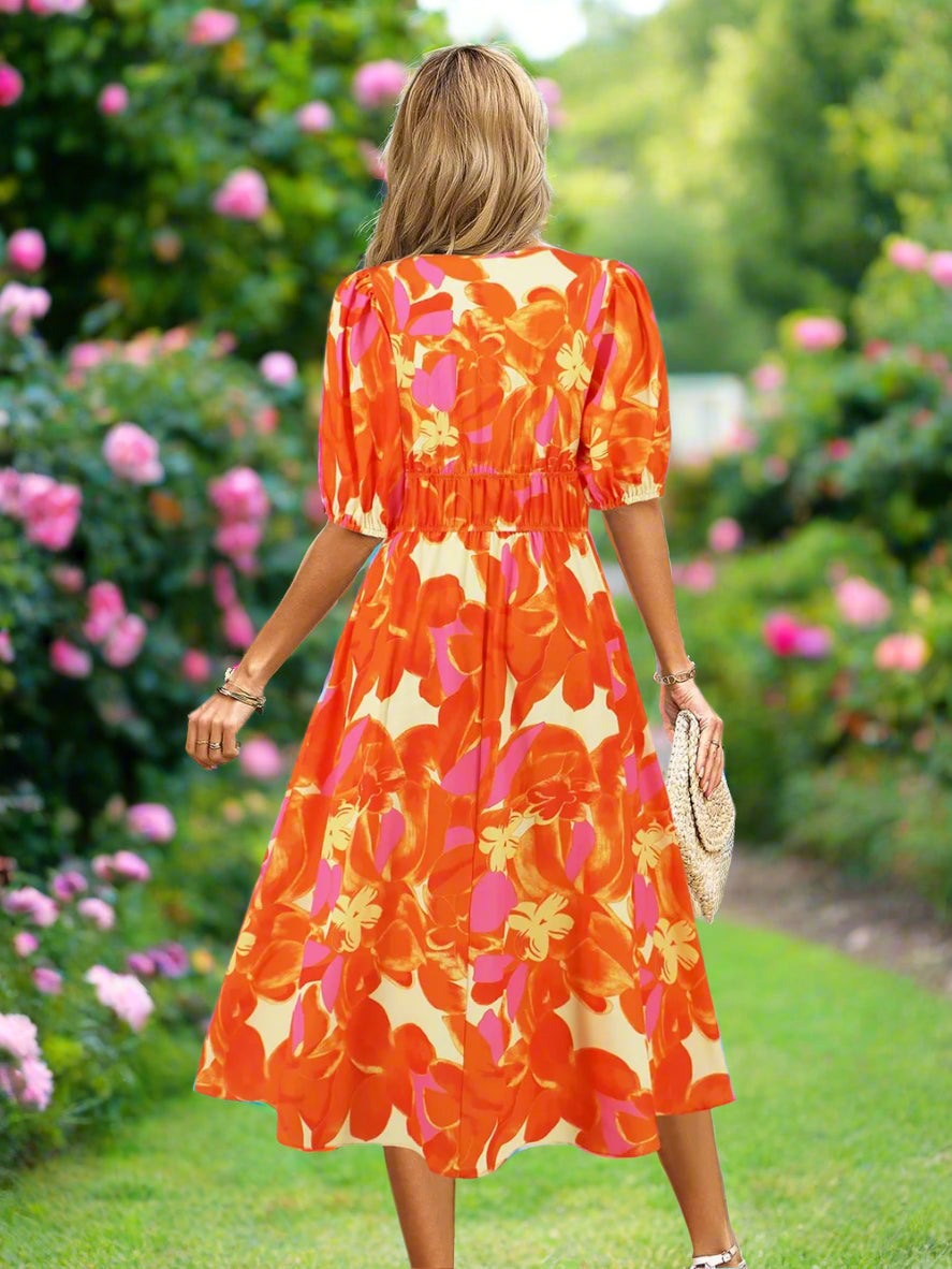 Ruched Roses Surplice Short Sleeve Dress Trendsi