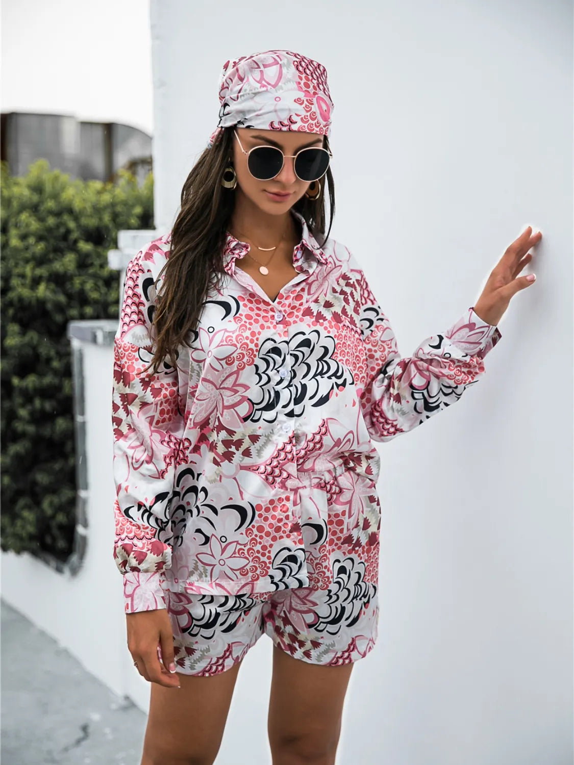 Printed Button Up Long Sleeve Shirt and Shorts 3 Pc Set Trendsi