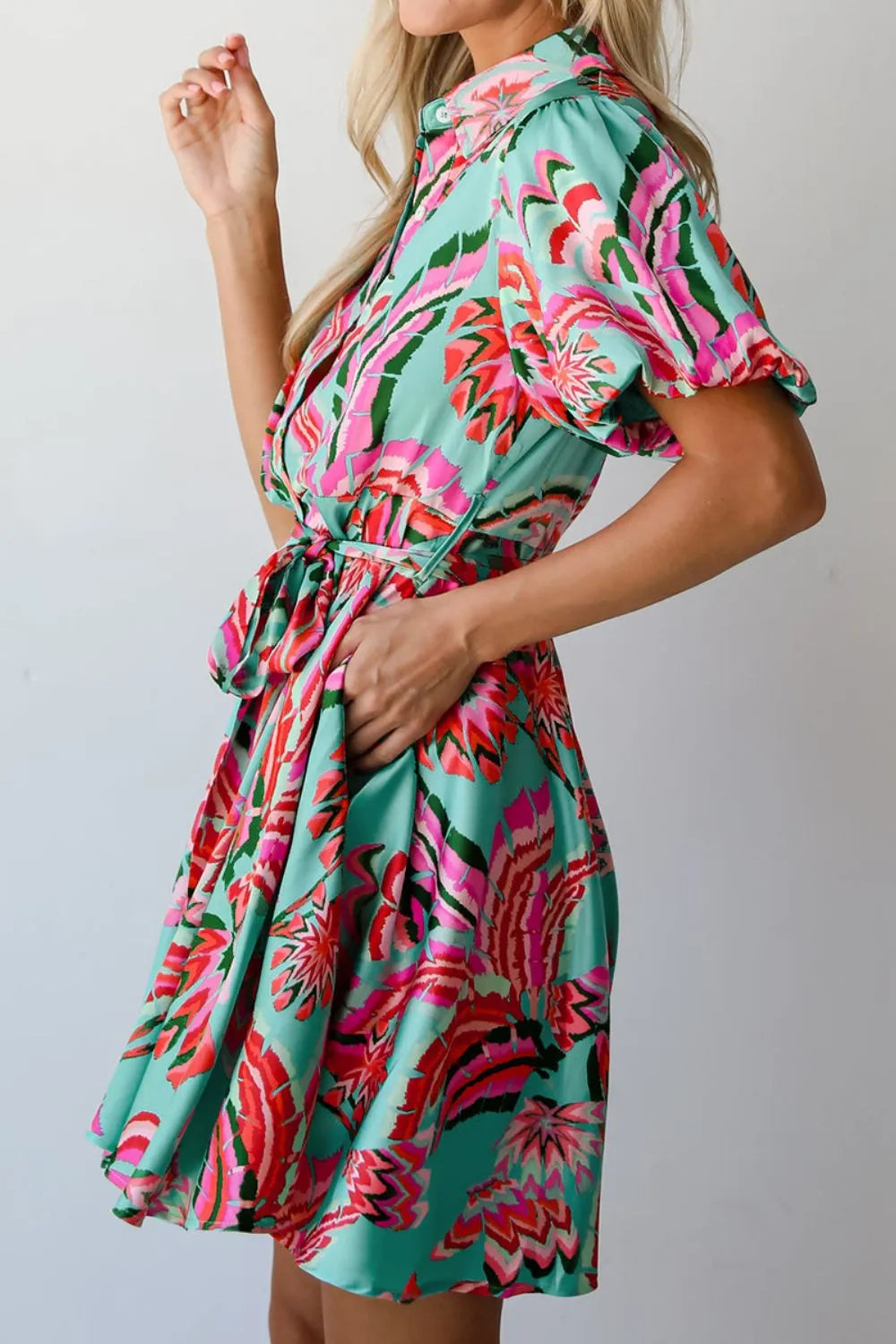 Abstract Print High Waist Buttoned Mini Shirt Dress Simply Love