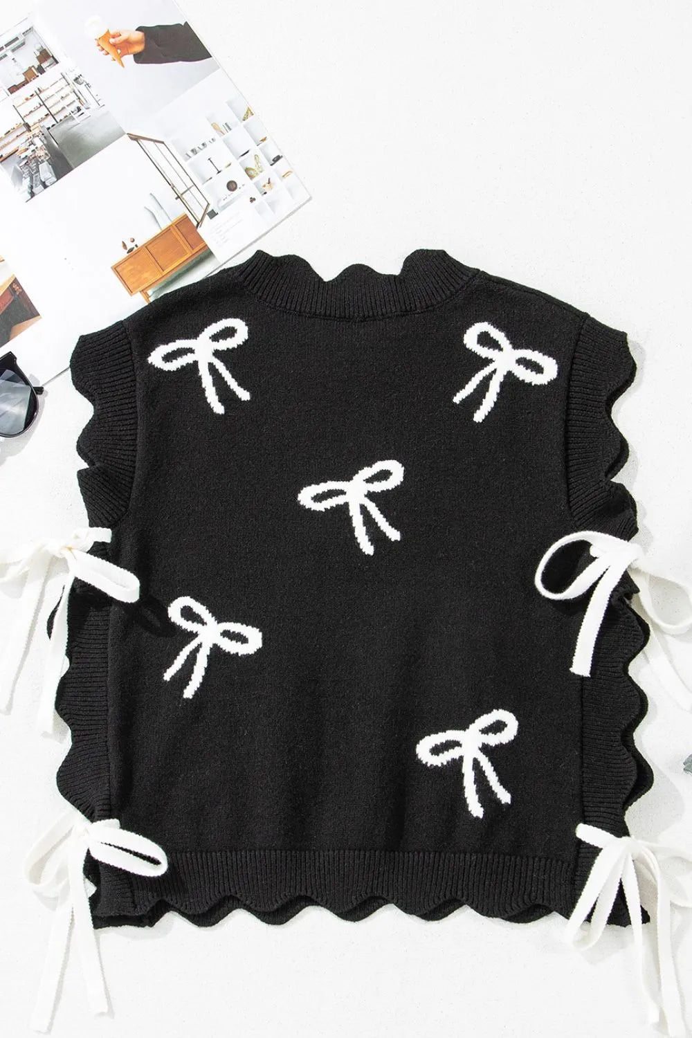 Bow Side Ties Scalloped Hem Cap Sleeve Sweater Simply Love