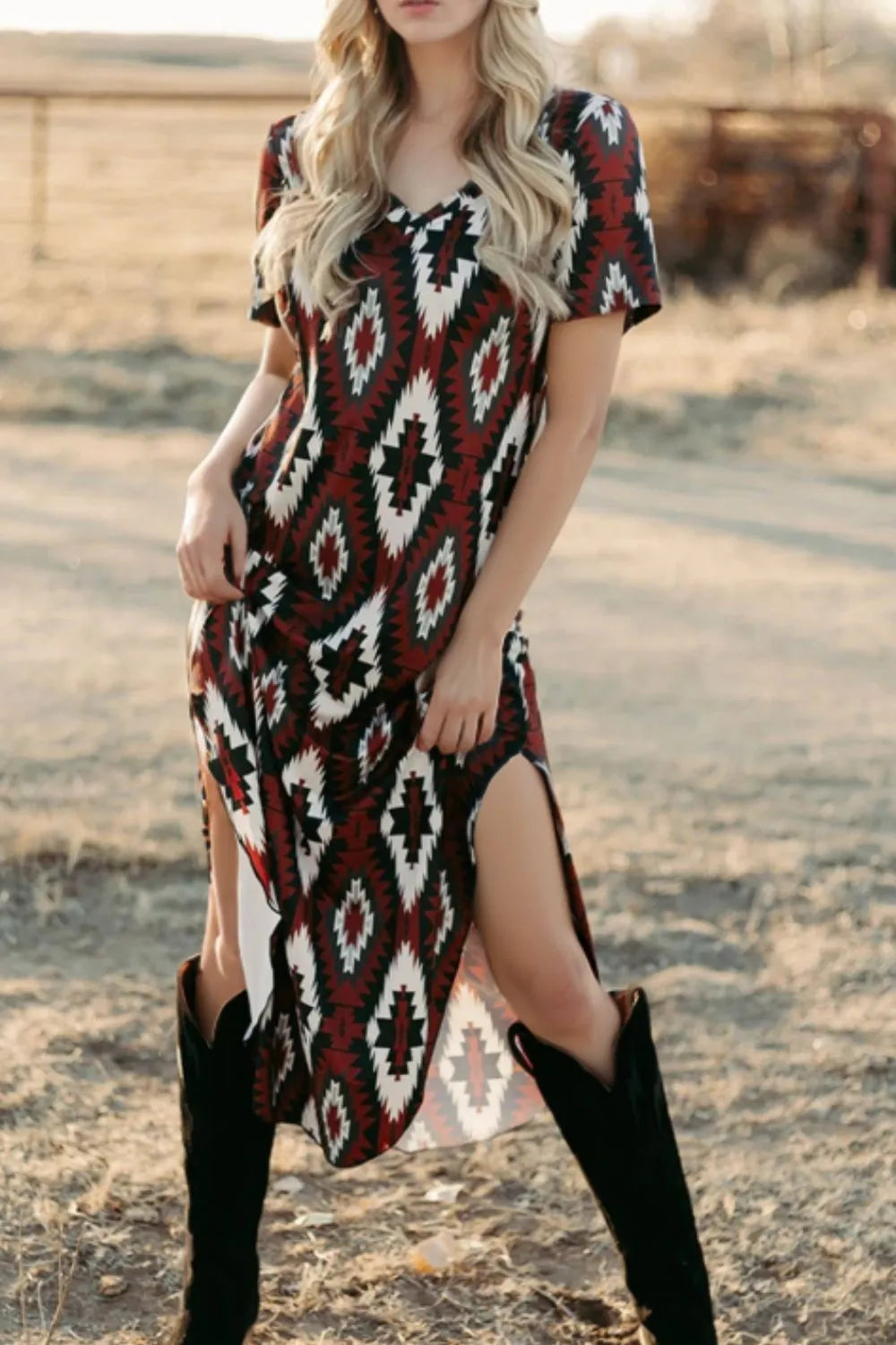Aztec Print V-Neck Midi Dress Trendsi