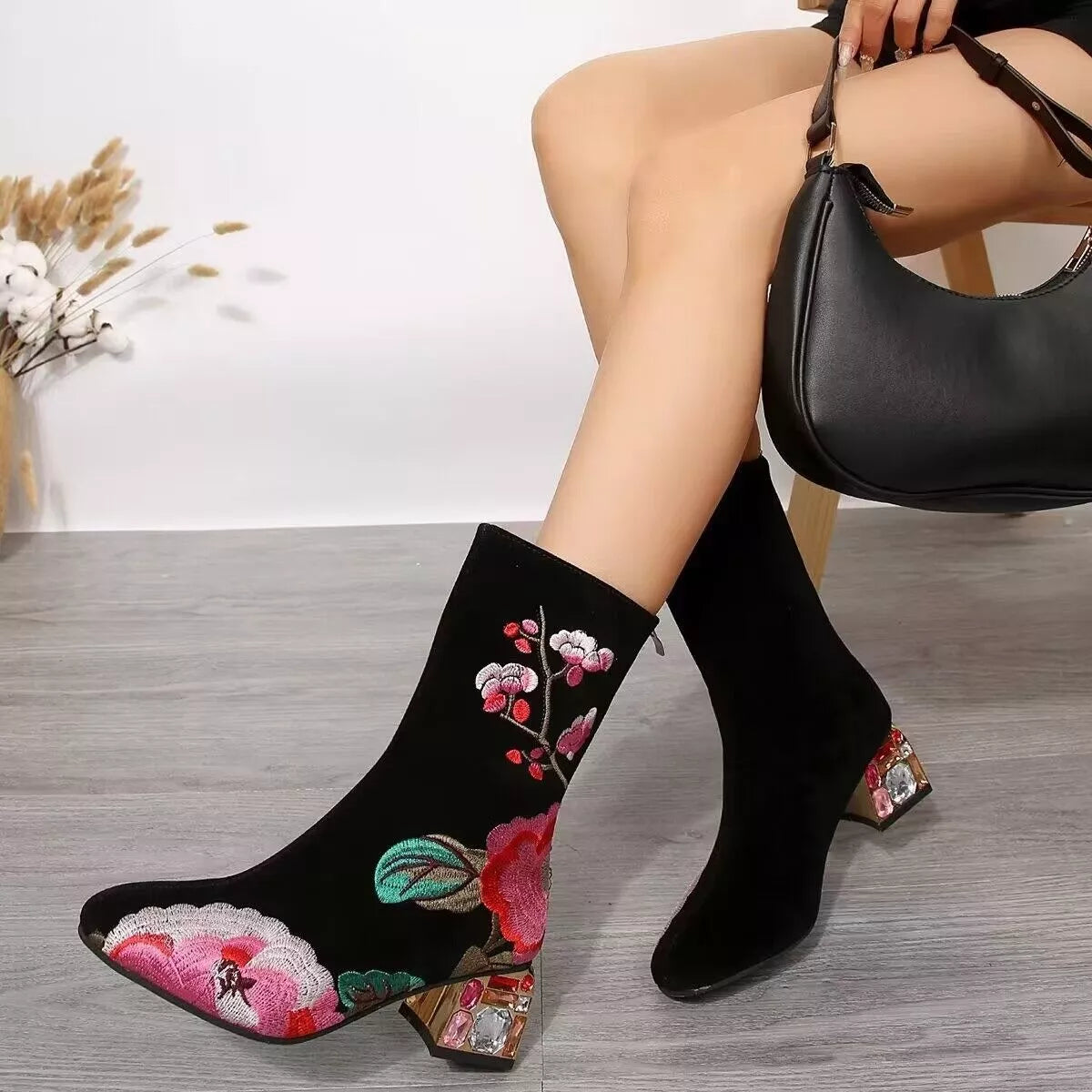 Floral Embroidered Rhinestone Block Heel Boots DAME BOHEME