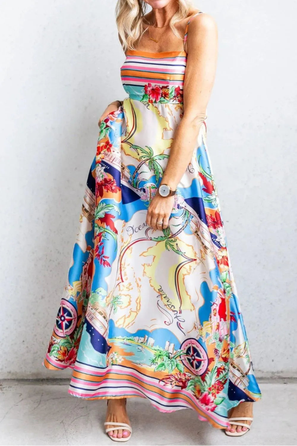 Smocked Back Printed Square Neck Maxi Cami Dress Trendsi