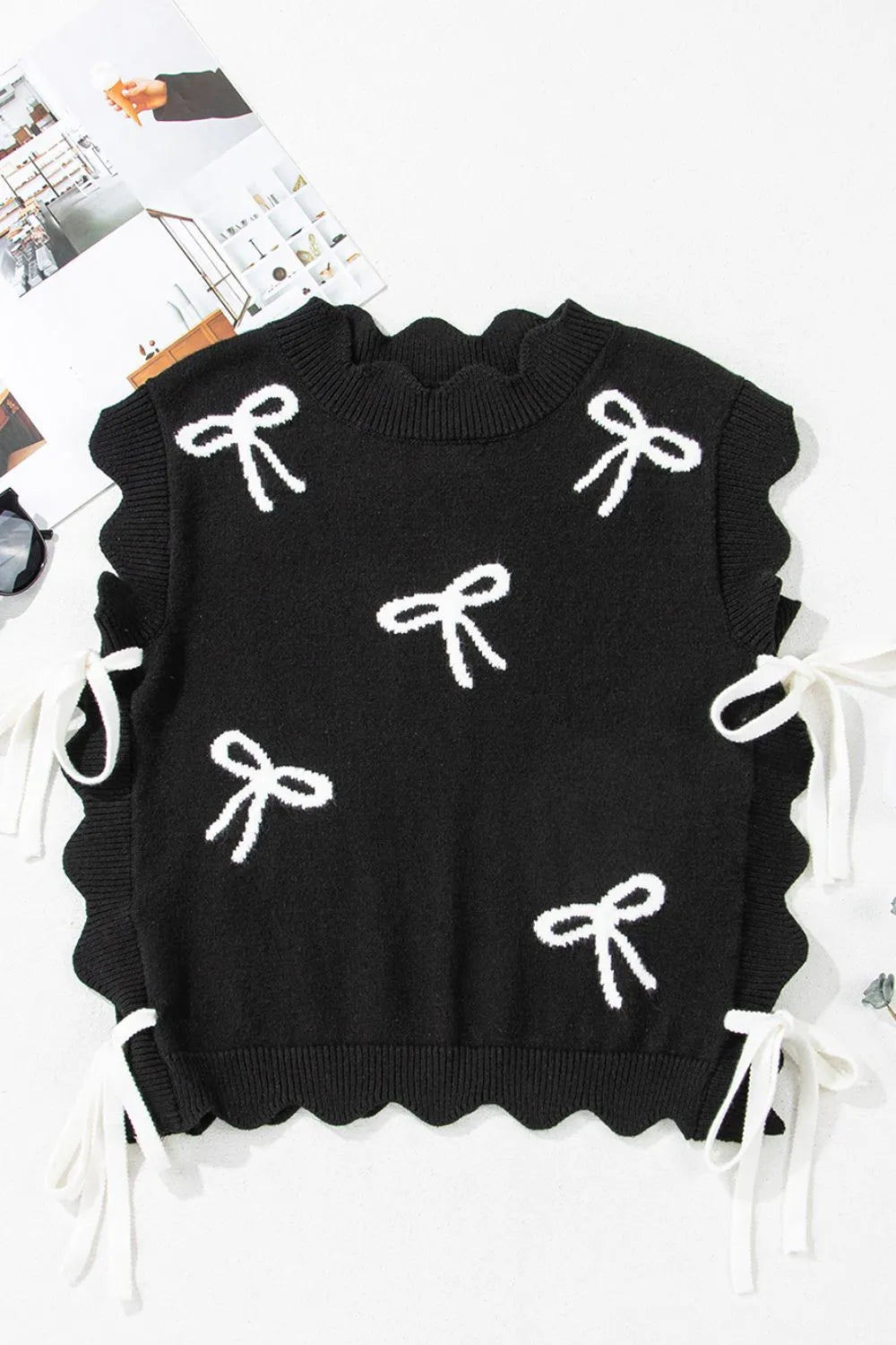 Bow Side Ties Scalloped Hem Cap Sleeve Sweater Simply Love