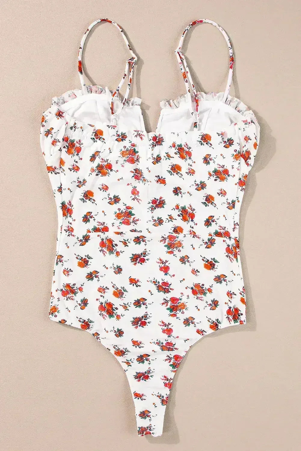 White Floral V-Cut Mesh Bodysuit with Frill Trim - Femstylo DAME BOHEME