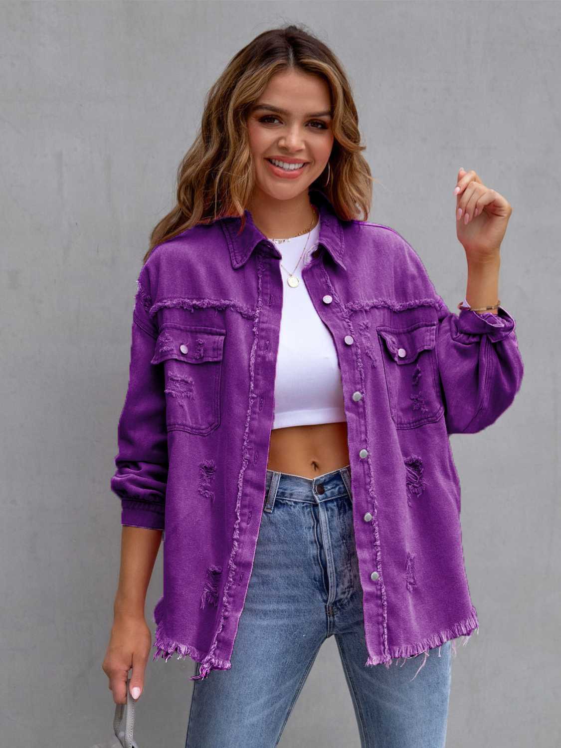 Distressed Drop Shoulder Denim Jacket Plus Size Trendsi