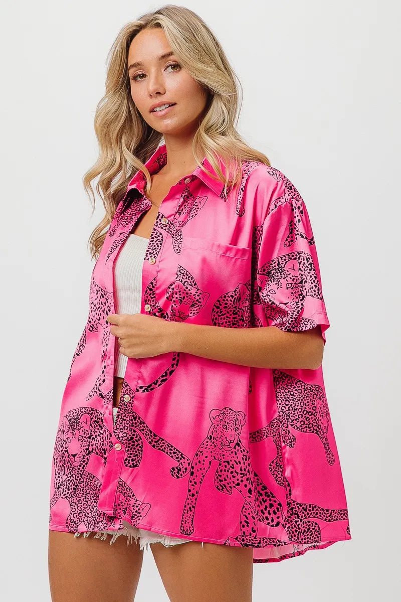 BiBi Leopard Print Short Sleeve Silky Satin Shirt Trendsi