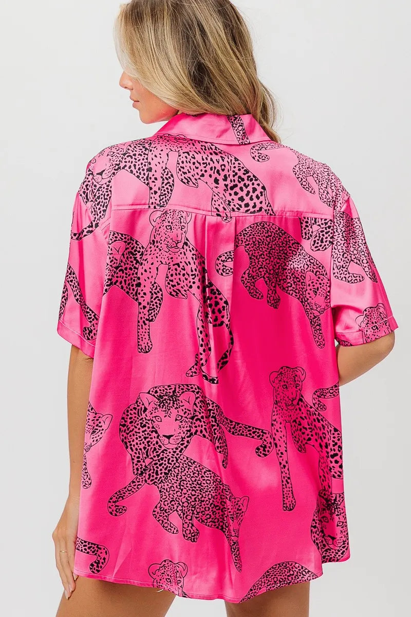 BiBi Leopard Print Short Sleeve Silky Satin Shirt Trendsi