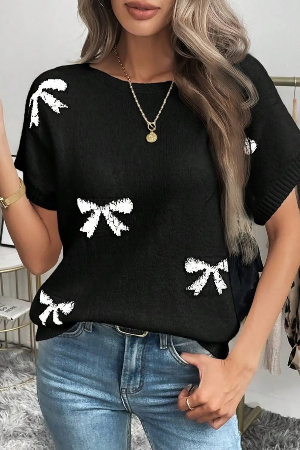 Bow Pattern Knit Short Sleeve Sweater DAME BOHEME
