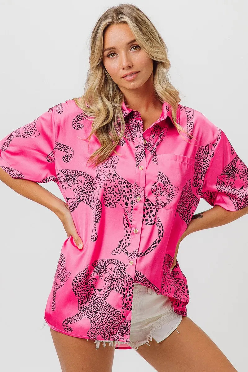 BiBi Leopard Print Short Sleeve Silky Satin Shirt Trendsi