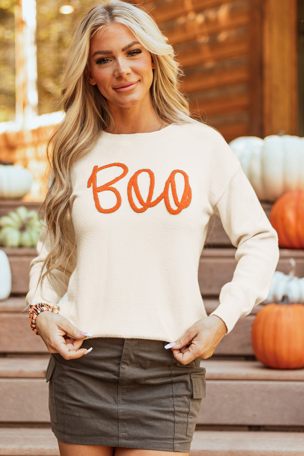 Boo Knitted Pattern Ribbed Edge Sweater DAME BOHEME
