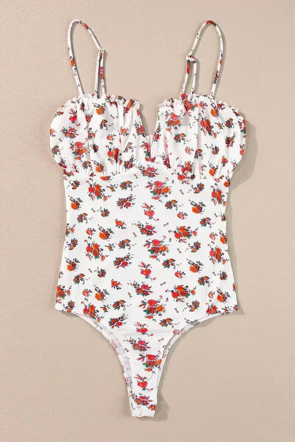 White Floral V-Cut Mesh Bodysuit with Frill Trim - Femstylo DAME BOHEME